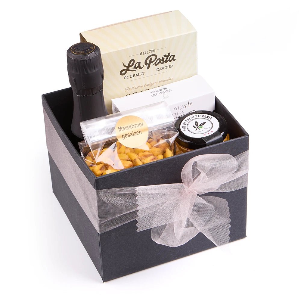 Elegante Genussbox mit Prosecco & mediterranen Delikatessen - Geschenkkorb - Vicolo