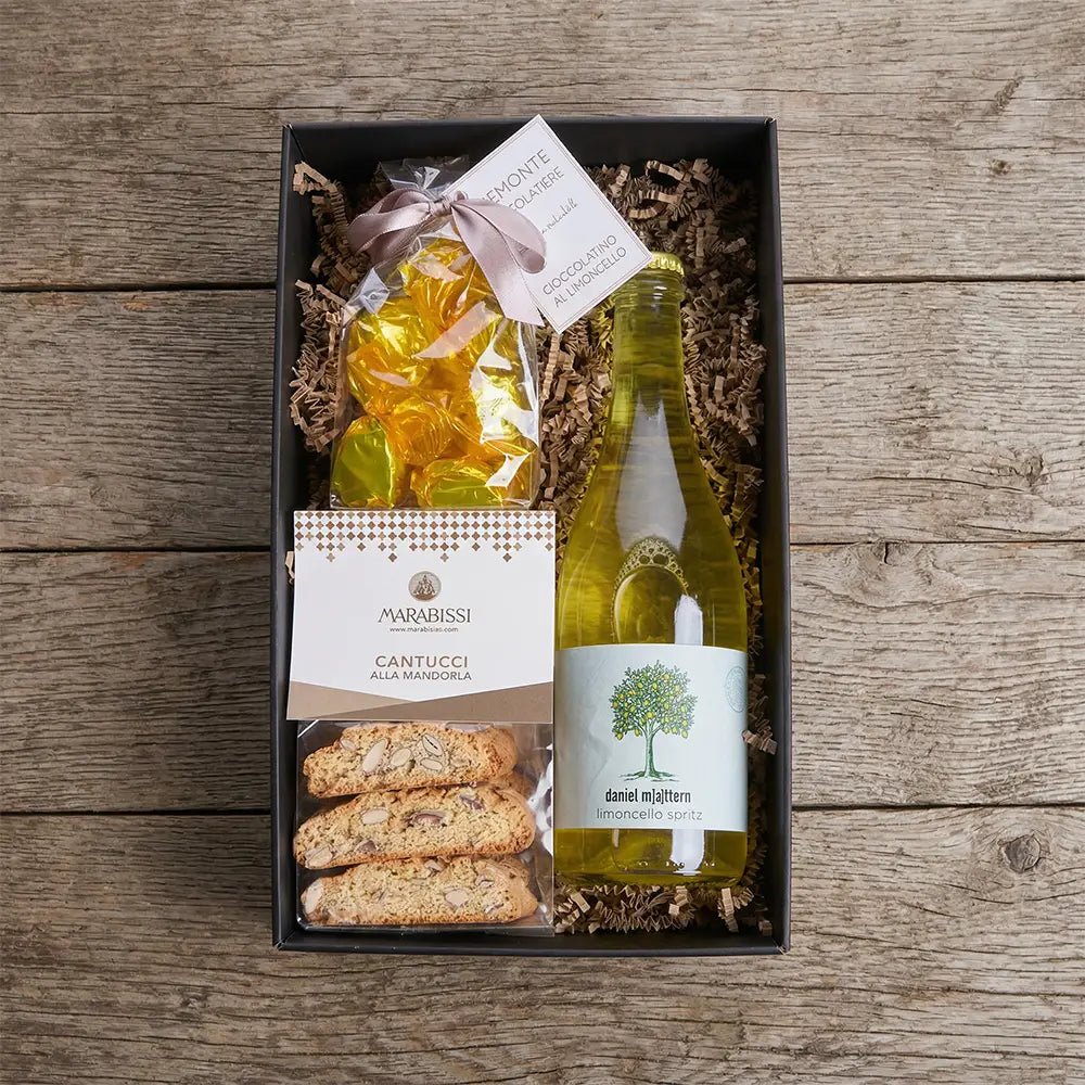 Italienische Geschenkbox mit Limoncello Spritz & Cantucci – Genuss Geschenk für Feinschmecker - Geschenkkorb - Vicolo
