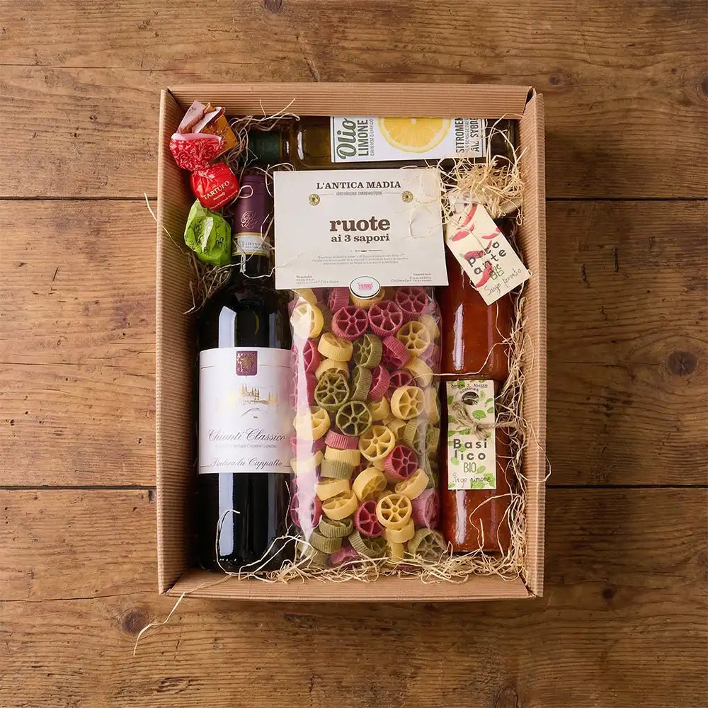 Italienische Gourmet Geschenkbox mit Chianti, Pasta & Feinkost - Geschenkkorb - Vicolo