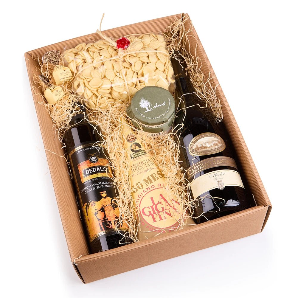Italienische Gourmet Geschenkbox mit Rotwein, Parmesan & Pasta - Geschenkkorb - Vicolo