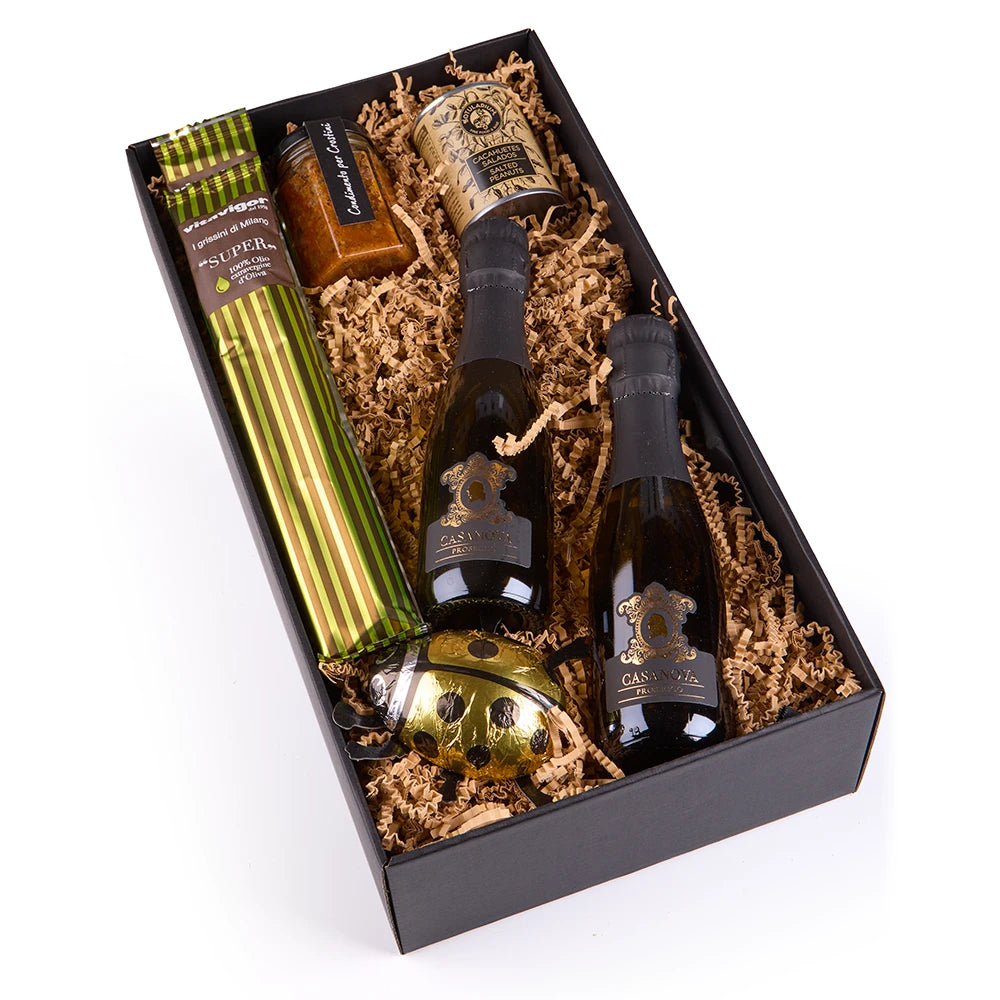 Geburtstags Geschenkset mit Glückskäfer – Prosecco, Schokolade &amp; Feinkost Box