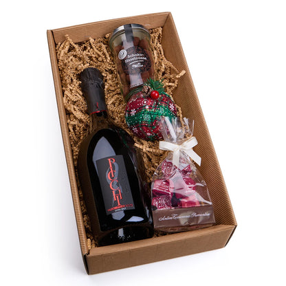 Prosecco Geschenkbox – Picchi Millesimato Extra Brut mit Tartufini &amp; Schoko-Haselnüssen