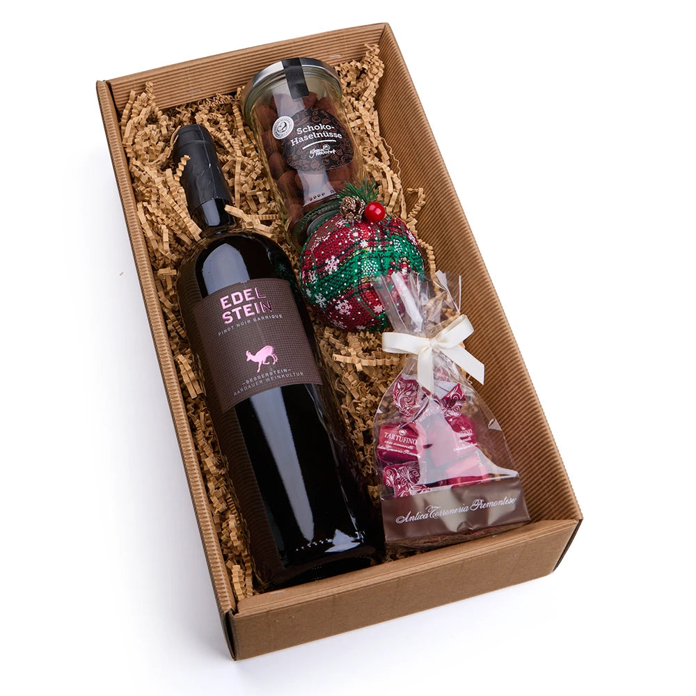 Rotwein Geschenkbox mit Tartufini &amp; Schoko-Haselnüssen