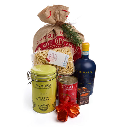 Weihnachtsgeschenk im Jutesack mit Primitivo, Pasta &amp; Biscotti aus Italien