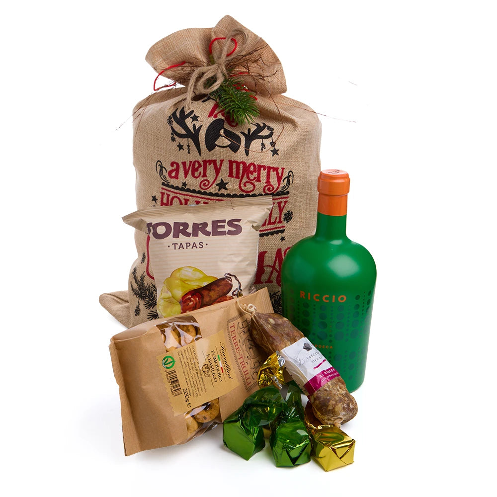 Weihnachtsgeschenk im Jutesack mit Weisswein, Salami &amp; Apéro-Snacks