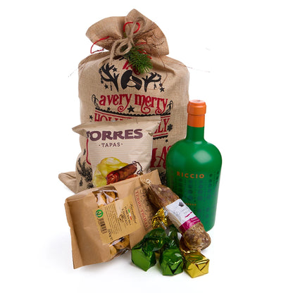 Weihnachtsgeschenk im Jutesack mit Weisswein, Salami &amp; Apéro-Snacks