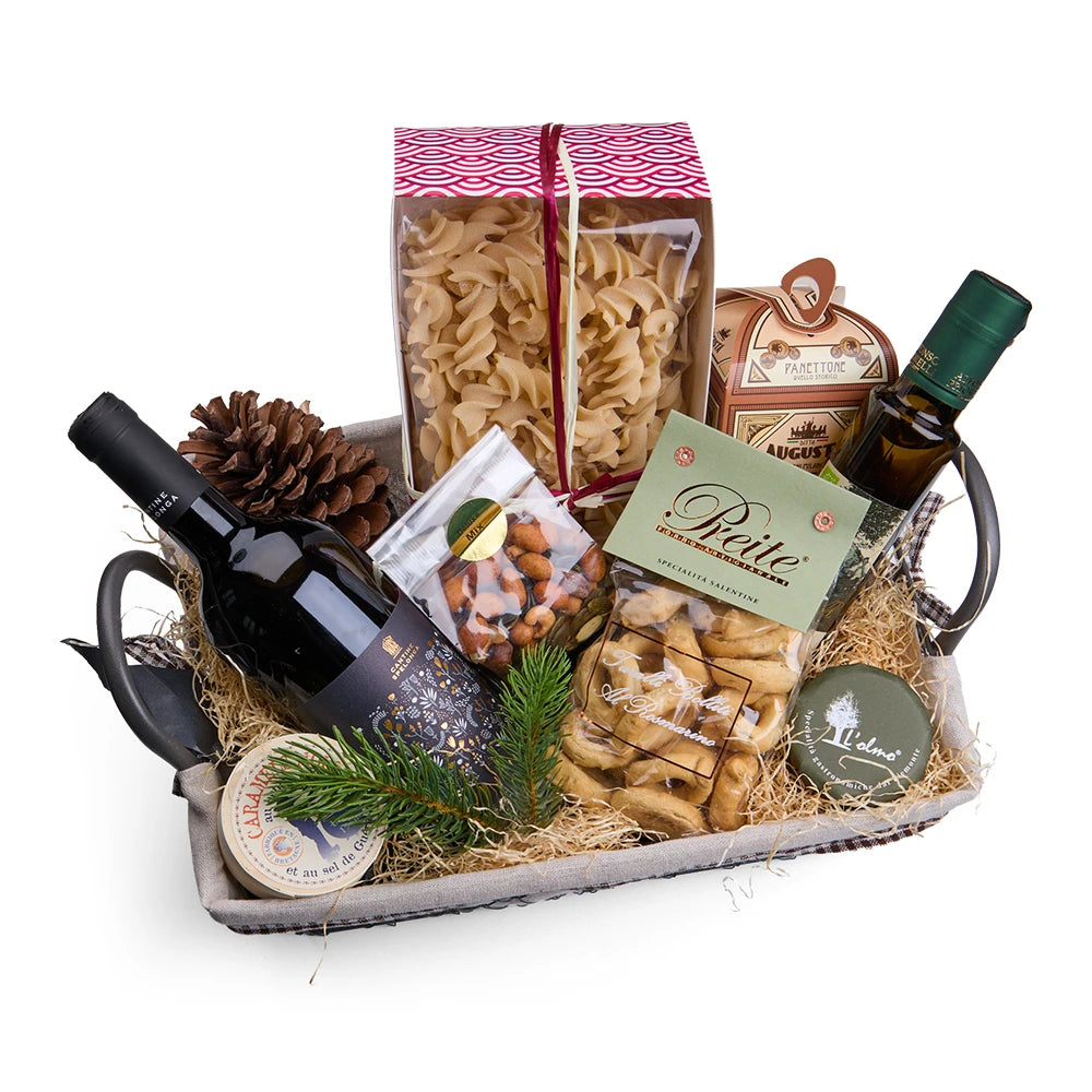 Weihnachtlicher Geschenkkorb Apulien – Rotwein mit Panettone, Taralli &amp; Feinkost