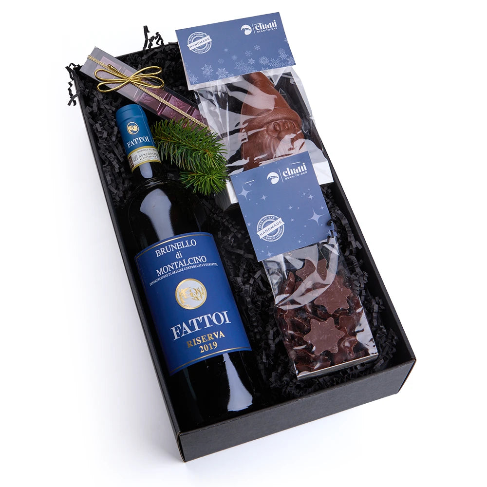 Brunello di Montalcino Riserva Weingeschenk mit Chani Schokolade zu Weihnachten