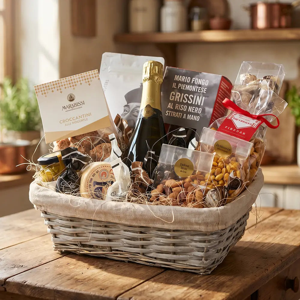 Geschenkkorb mit Champagner, Grissini, Nüssen und mediterranen Feinkost Spezialitäten im Präsentkorb