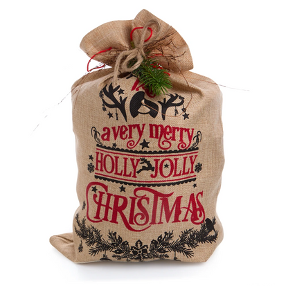 Weihnachtsgeschenk im Jutesack mit Weisswein, Salami &amp; Apéro-Snacks