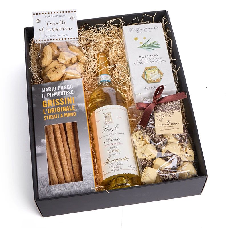Arneis Weisswein in stilvoller Geschenkbox mit italienischen Snacks und Süssigkeiten
