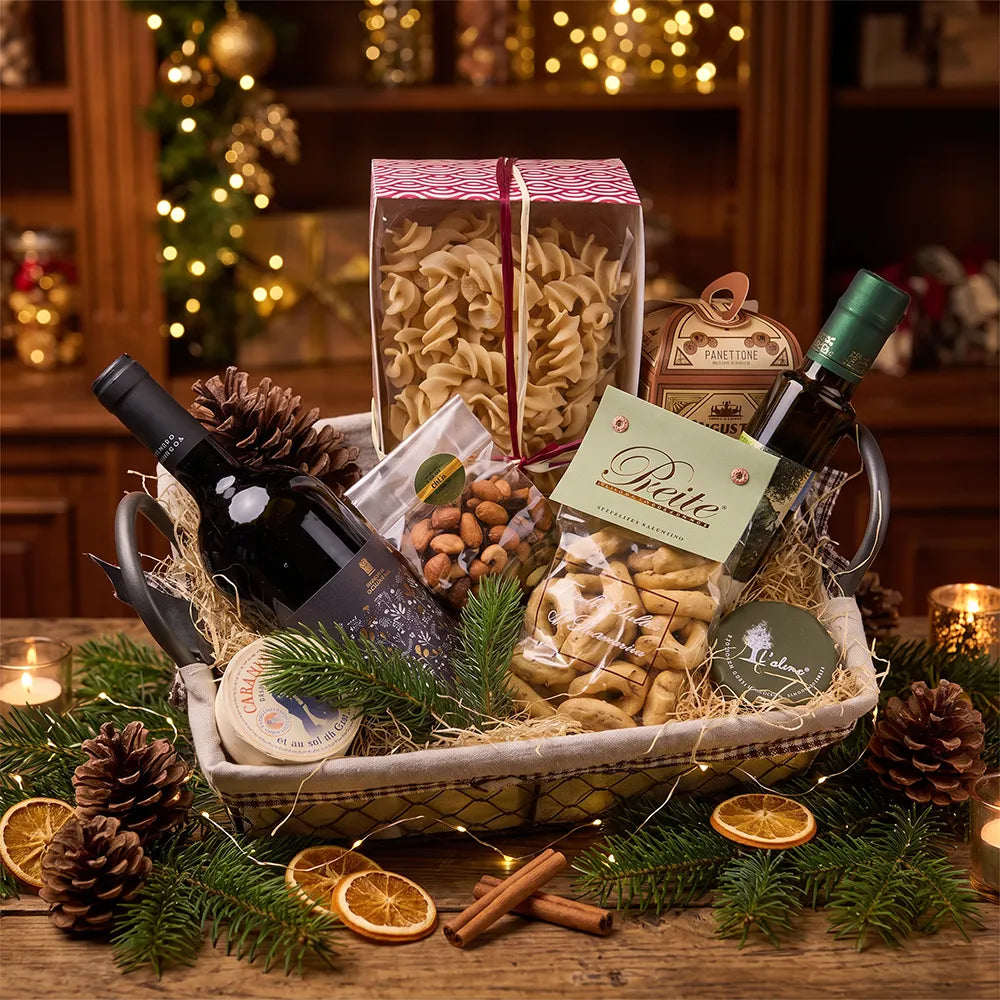 Weihnachtlicher Geschenkkorb Apulien – Rotwein mit Panettone, Taralli &amp; Feinkost