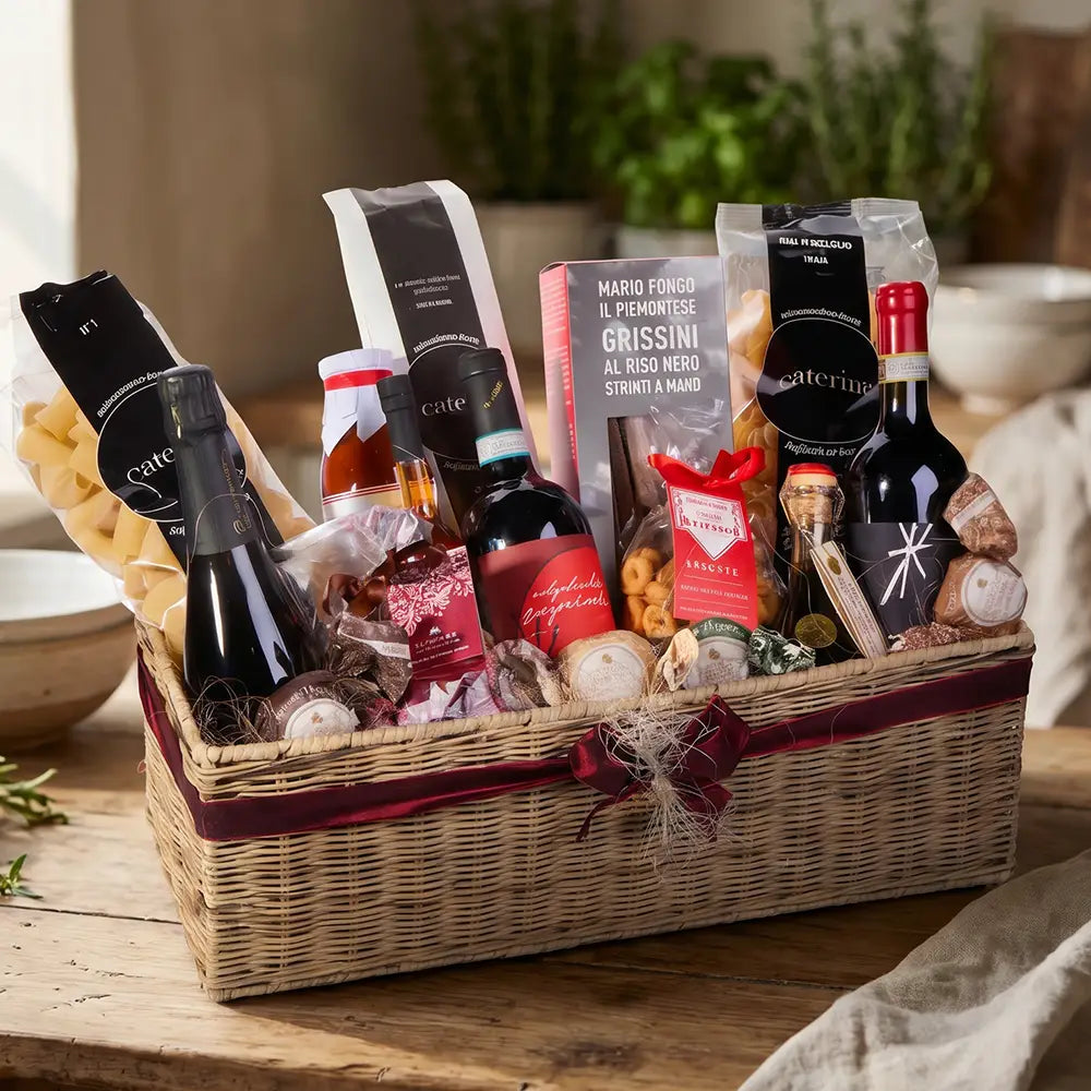 Italienischer Premium Geschenkkorb mit Franciacorta, Amarone, Pasta und Feinkost Delikatessen im Präsentkorb