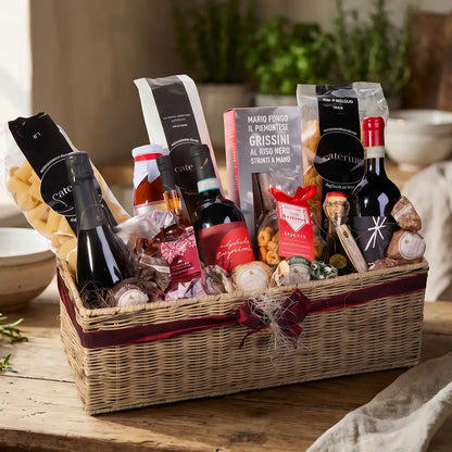 Italienischer Premium Geschenkkorb mit Franciacorta, Amarone, Pasta und Feinkost Delikatessen im Präsentkorb
