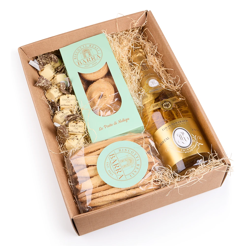 Hochwertige Geschenkbox mit Louis Roederer Cristal Champagner und italienischem Feingebäck