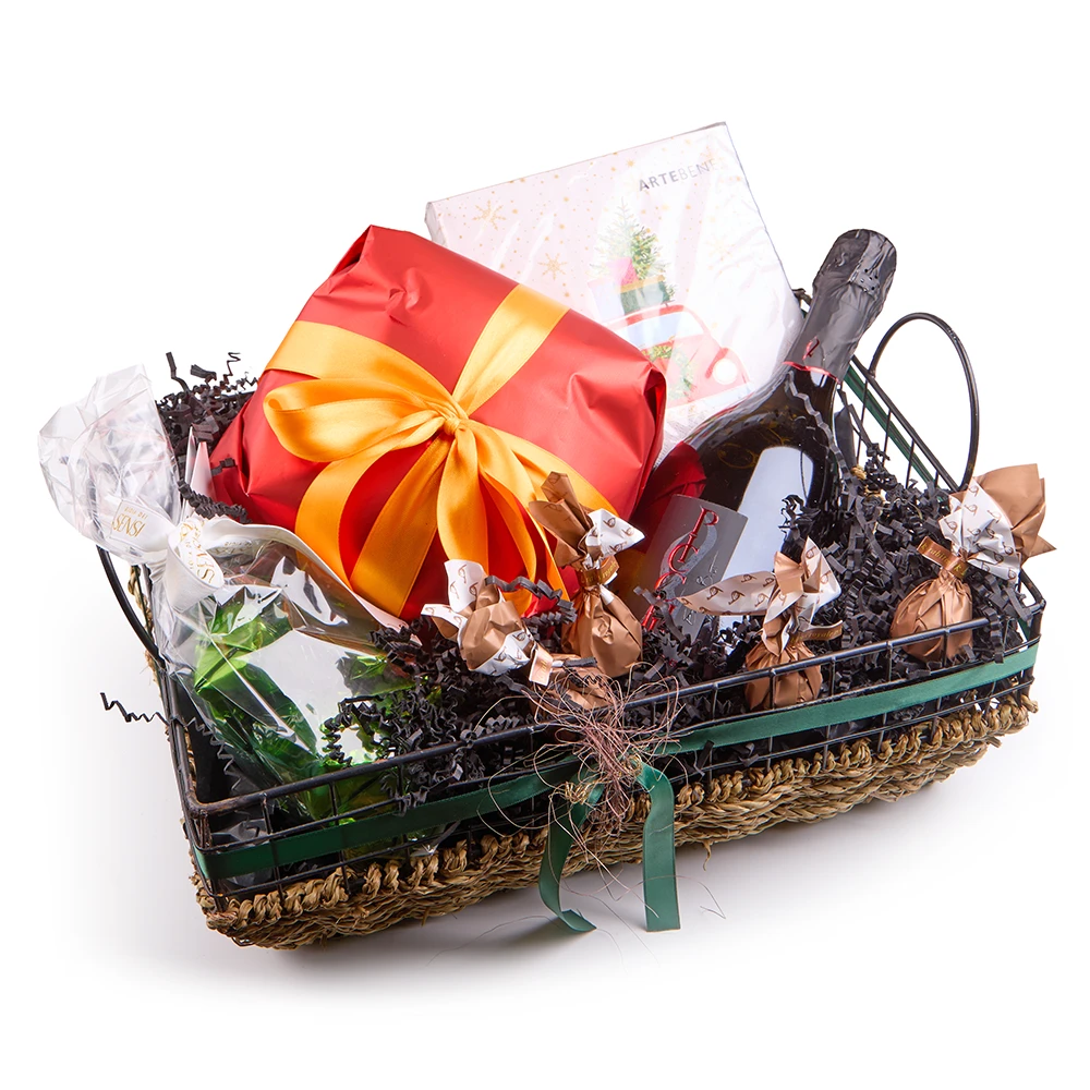 Feinkost Geschenkkorb mit Prosecco, Panettone und italienischen Spezialitäten in Geschenkverpackung