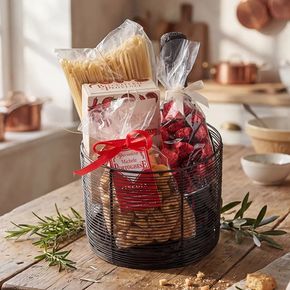 Italienischer Geschenkkorb mit Prosecco, Pasta und Cantuccini im dekorativen Korb