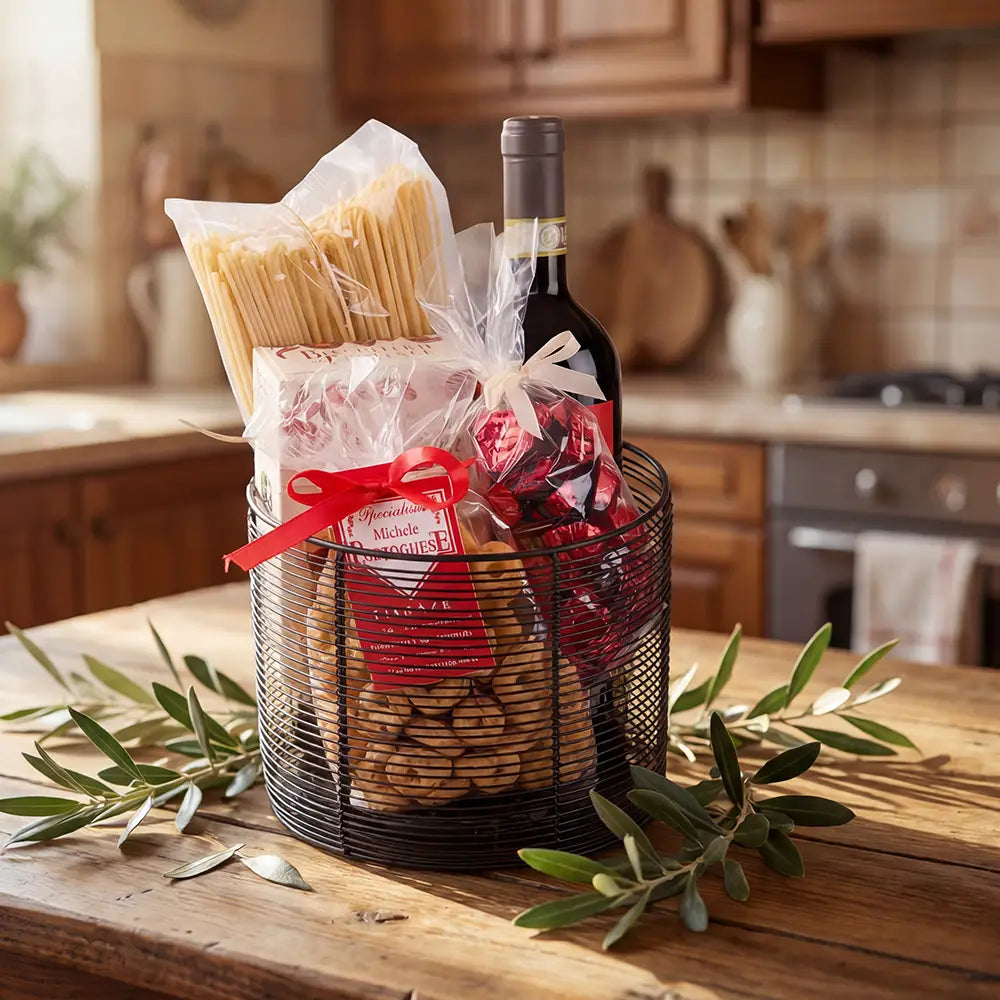 Italienischer Geschenkkorb mit Rotwein, Pasta und Cantuccini im dekorativen Präsentkorb
