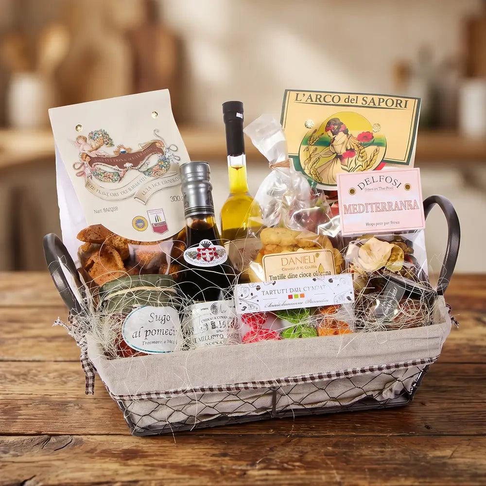 Italienischer Geschenkkorb mit Feinkost, Olivenöl, Pasta, Trüffel und mediterranen Spezialitäten