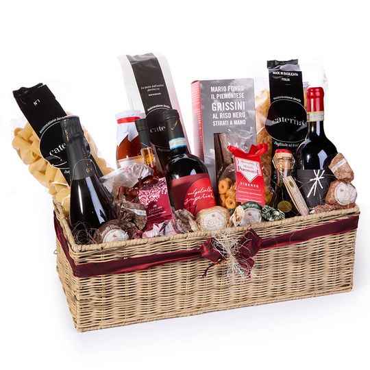 Italienischer Premium Geschenkkorb mit Franciacorta, Amarone, Pasta und Feinkost Delikatessen im Präsentkorb