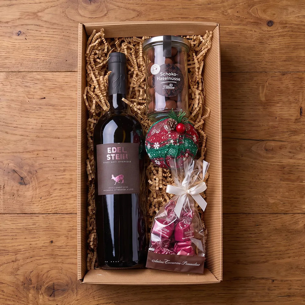 Rotwein Geschenkbox mit Tartufini &amp; Schoko-Haselnüssen