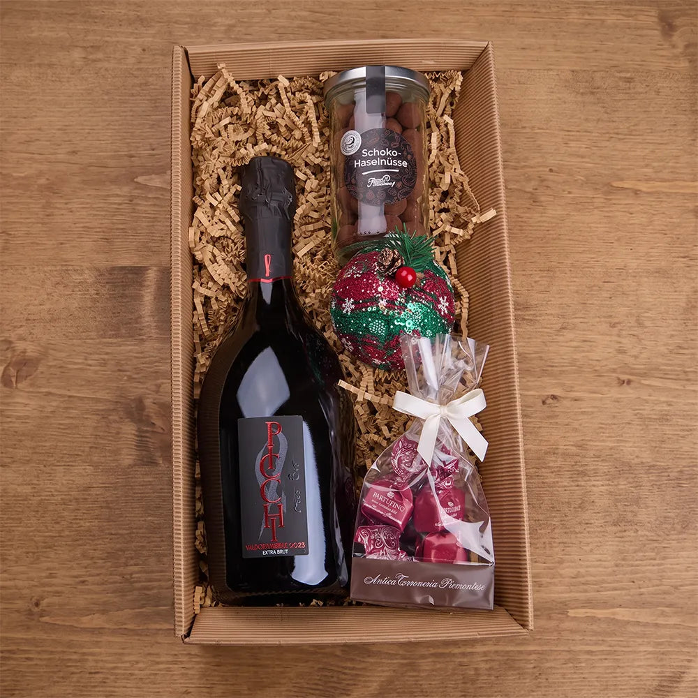 Prosecco Geschenkbox – Picchi Millesimato Extra Brut mit Tartufini &amp; Schoko-Haselnüssen