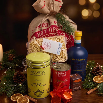 Weihnachtsgeschenk im Jutesack mit Primitivo, Pasta &amp; Biscotti aus Italien