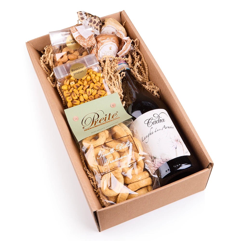 Aperitivo Geschenkbox mit Weisswein Arneis &amp; feinen Snacks - Geschenkkorb - Vicolo