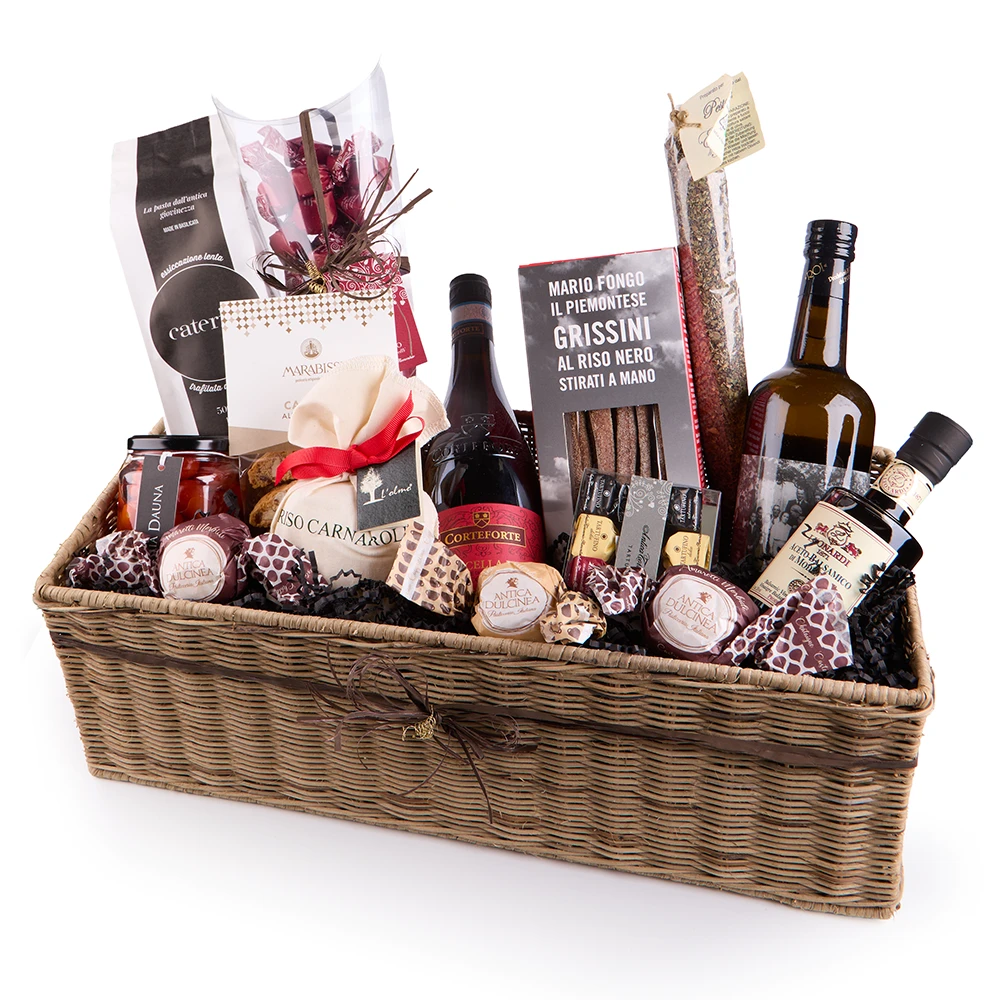 Italienische Feinkost Geschenkbox mit Wein, Risotto, Grissini, Olivenöl, Balsamico und Schokolade im Geschenkkorb