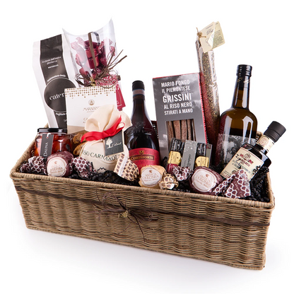 Italienische Feinkost Geschenkbox mit Wein, Risotto, Grissini, Olivenöl, Balsamico und Schokolade im Geschenkkorb