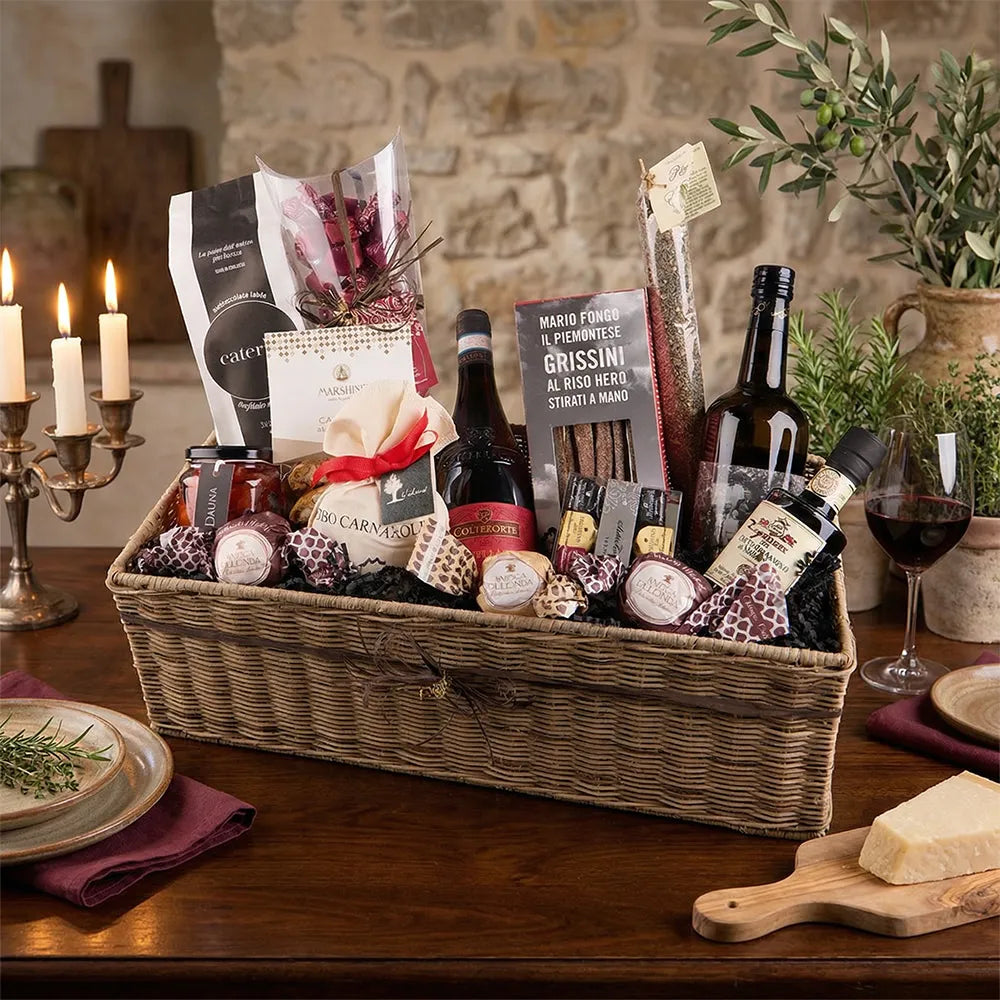 Italienische Feinkost Geschenkbox mit Wein, Risotto, Grissini, Olivenöl, Balsamico und Schokolade im Geschenkkorb