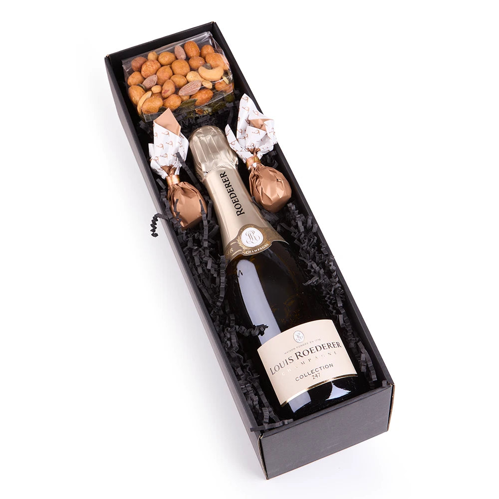 Champagner Geschenkbox mit Louis Roederer Champagner, Feigen Pralinen und edlen Snacks in luxuriöser Verpackung