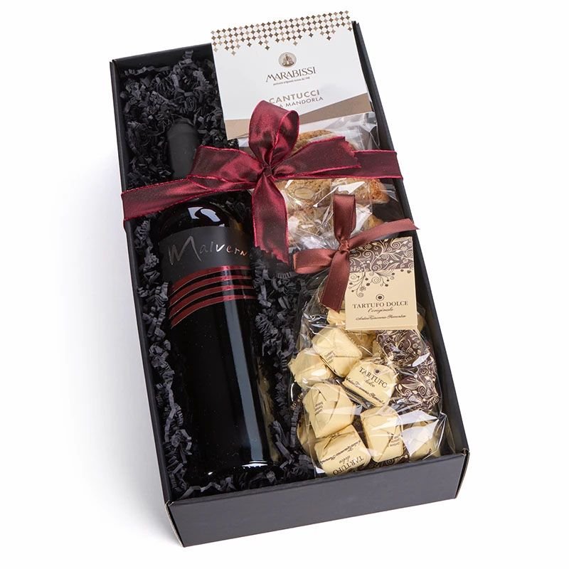 Geschenkbox Emozione di Malverno mit Rotwein &amp; italienischen Pralinen – Genuss Geschenkset - Geschenkkorb - Vicolo