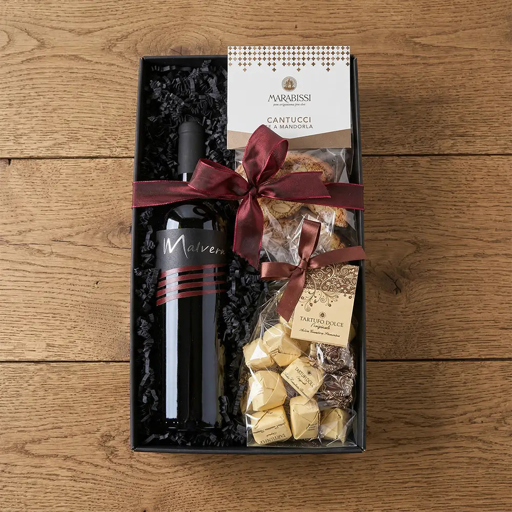 Geschenkbox Emozione di Malverno mit Rotwein, italienischen Pralinen und Cantucci in eleganter Verpackung
