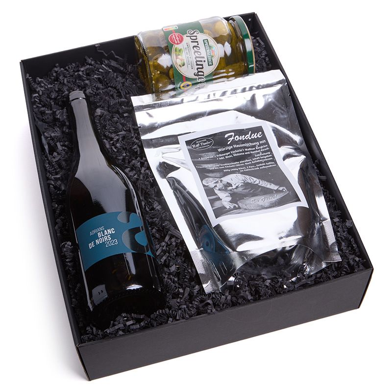Geschenkkorb mit Rolf Beeler Fondue Mischung, Weißwein und Beilagen in edler Geschenkbox