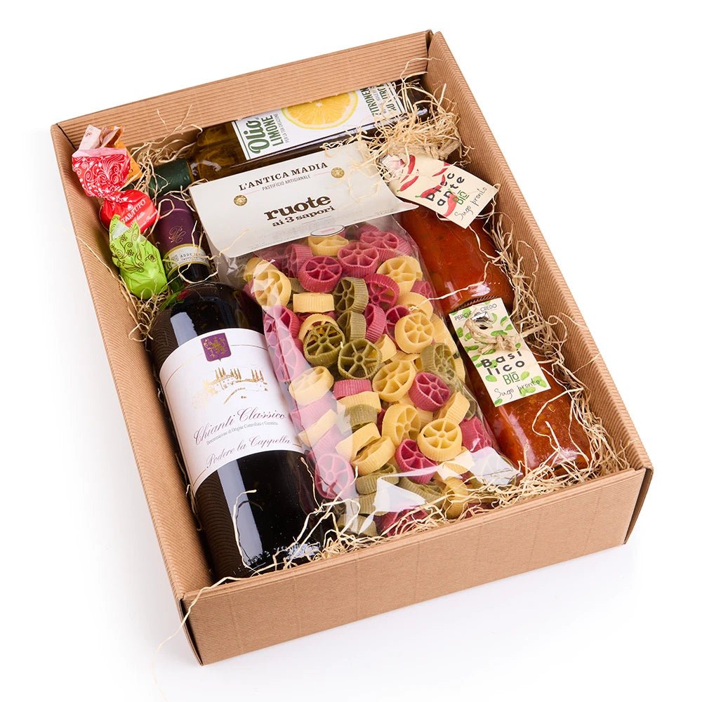 Italienische Gourmet Geschenkbox mit Chianti, Pasta &amp; Feinkost - Geschenkkorb - Vicolo