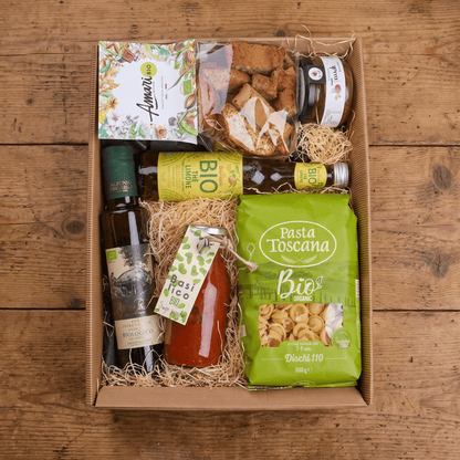 Mediterrane Bio Geschenkbox mit Pasta, Sugo, Olivenöl &amp; Cantucci - Geschenkkorb - Vicolo