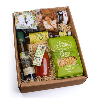 Mediterrane Bio Geschenkbox mit Pasta, Sugo, Olivenöl &amp; Cantucci - Geschenkkorb - Vicolo