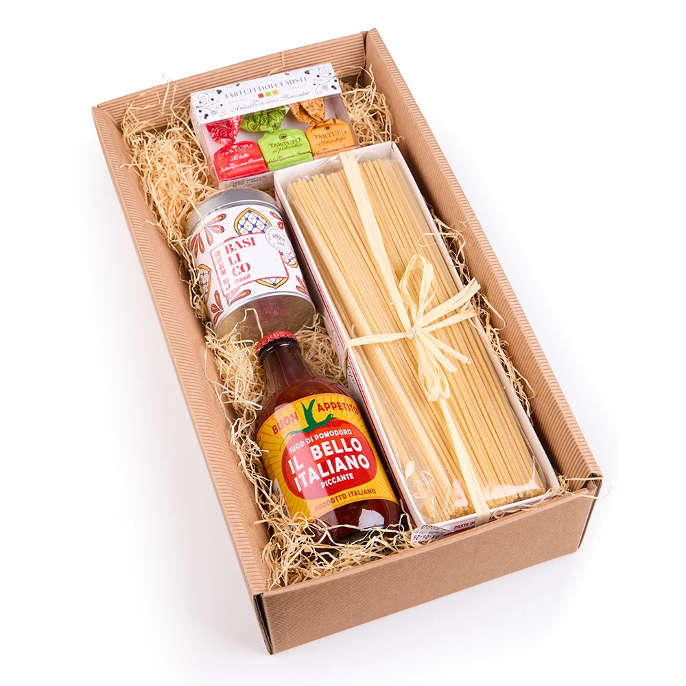 Italienisches Pasta Geschenkset mit Spaghetti, Tomatensauce und Trüffelpralinen in natürlicher Geschenkbox