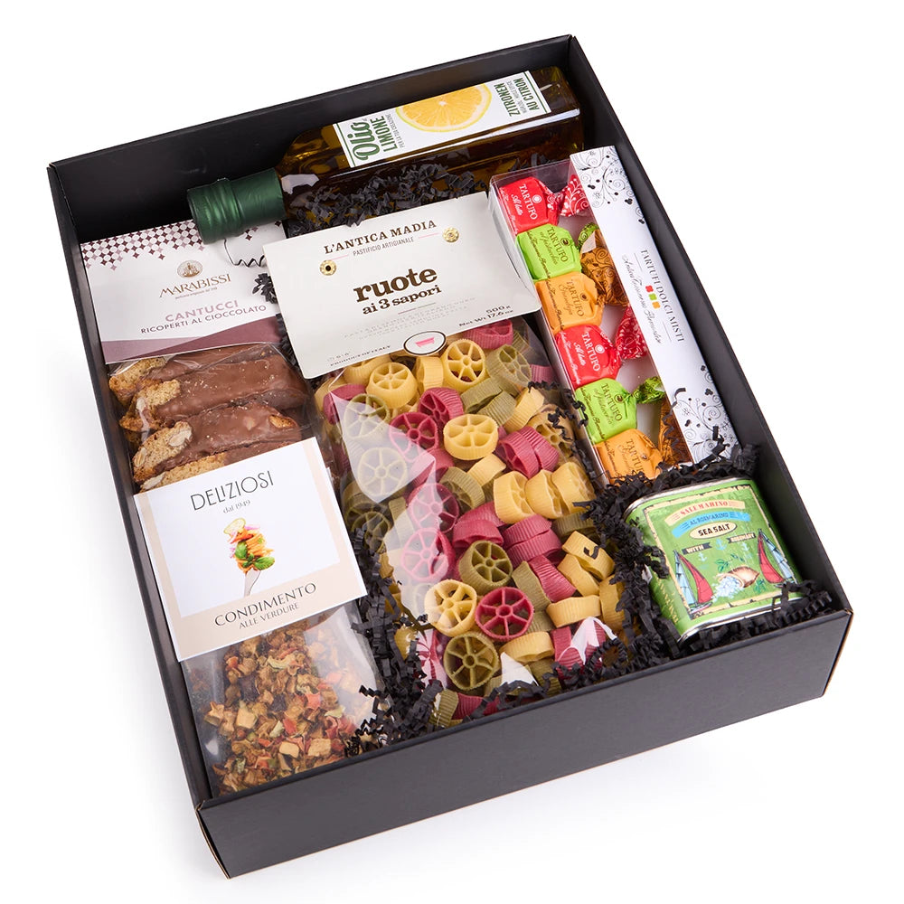 Premium Genussbox mit italienischer Feinkost, bunter Pasta, Tartufi Pralinen und Olivenöl in eleganter Geschenkverpackung