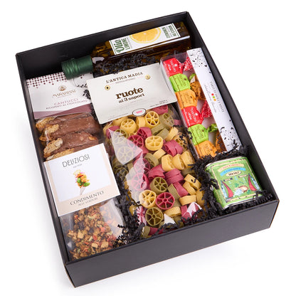 Premium Genussbox mit italienischer Feinkost, bunter Pasta, Tartufi Pralinen und Olivenöl in eleganter Geschenkverpackung